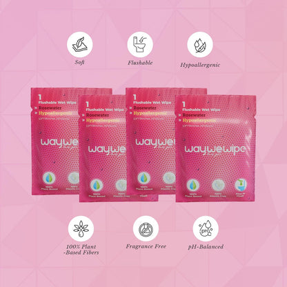 Waywewipe On-The-Go Feuchttücher für Frauen, 32 einzeln verpackte XL-Tücher, hypoallergen, 100% pflanzlich, spülbar, für unterwegs, Rosenwasser
