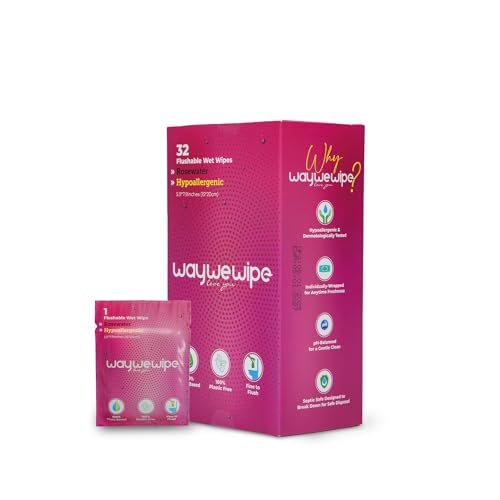 Waywewipe On-The-Go Feuchttücher für Frauen, 32 einzeln verpackte XL-Tücher, hypoallergen, 100% pflanzlich, spülbar, für unterwegs, Rosenwasser