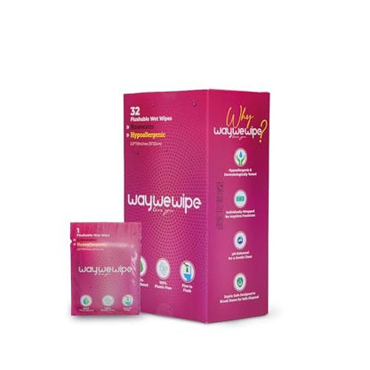 Waywewipe On-The-Go Feuchttücher für Frauen, 32 einzeln verpackte XL-Tücher, hypoallergen, 100% pflanzlich, spülbar, für unterwegs, Rosenwasser