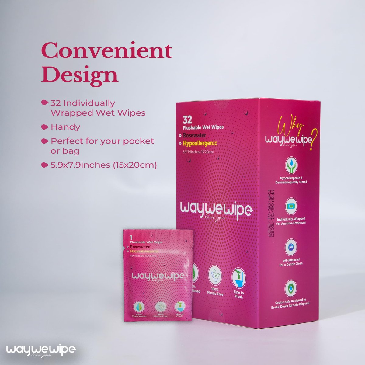 Waywewipe On-The-Go Feuchttücher für Frauen, 32 einzeln verpackte XL-Tücher, hypoallergen, 100% pflanzlich, spülbar, für unterwegs, Rosenwasser