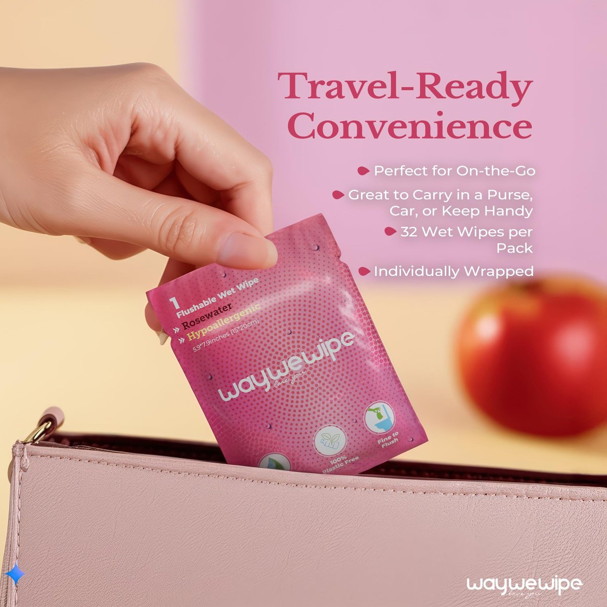 Waywewipe On-The-Go Feuchttücher für Frauen, 32 einzeln verpackte XL-Tücher, hypoallergen, 100% pflanzlich, spülbar, für unterwegs, Rosenwasser