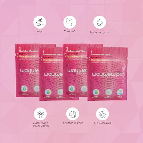 Waywewipe On-The-Go Feuchttücher für Frauen, 32 einzeln verpackte XL-Tücher, hypoallergen, 100% pflanzlich, spülbar, für unterwegs, Rosenwasser