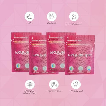 Waywewipe On-The-Go Feuchttücher für Frauen, 32 einzeln verpackte XL-Tücher, hypoallergen, 100% pflanzlich, spülbar, für unterwegs, Rosenwasser