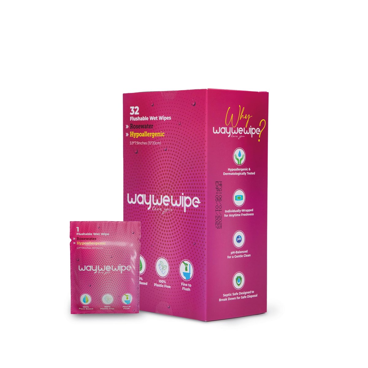 Waywewipe On-The-Go Feuchttücher für Frauen, 32 einzeln verpackte XL-Tücher, hypoallergen, 100% pflanzlich, spülbar, für unterwegs, Rosenwasser
