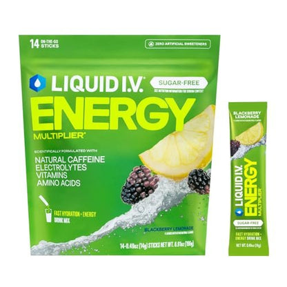 Liquid I.V.® Hydration Multiplier Sugar-Free + Energy – Blackberry Lemonade | Elektrolyt-Pulvergetränk | 1 Packung (14 Portionen)