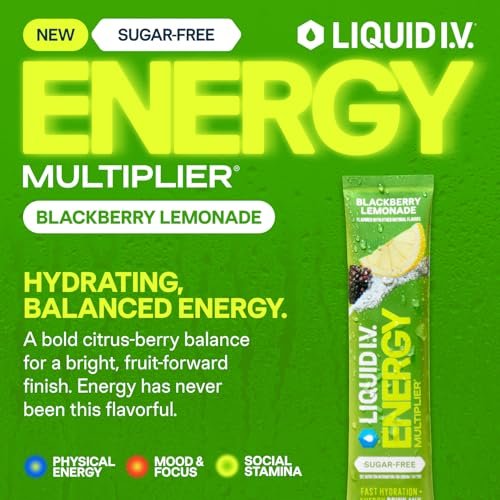 Liquid I.V.® Hydration Multiplier Sugar-Free + Energy – Blackberry Lemonade | Elektrolyt-Pulvergetränk | 1 Packung (14 Portionen)