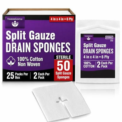 Split-Gaze-Kompressen 10x10 cm steril [Packung mit 50] 6-lagige Ernährungssonden-Pads – Drainage-Kompressen für Katheter, IVs, Tracheostomien und Sonden