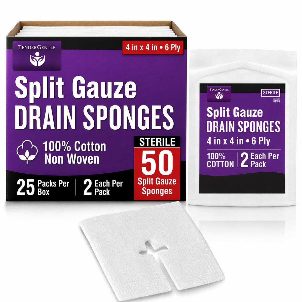 Split-Gaze-Kompressen 10x10 cm steril [Packung mit 50] 6-lagige Ernährungssonden-Pads – Drainage-Kompressen für Katheter, IVs, Tracheostomien und Sonden