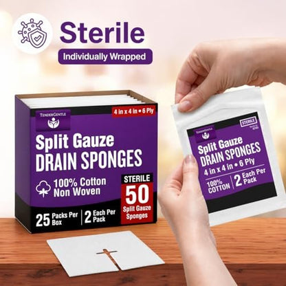 Split-Gaze-Kompressen 10x10 cm steril [Packung mit 50] 6-lagige Ernährungssonden-Pads – Drainage-Kompressen für Katheter, IVs, Tracheostomien und Sonden