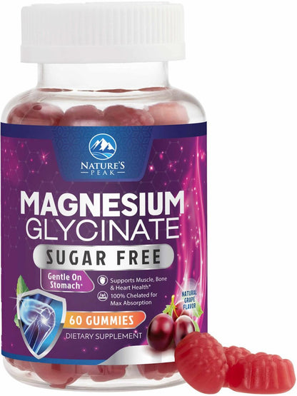 Magnesium Glycinat Gummis – Zuckerfrei – 100% chelatierte Magnesium Gummibärchen für maximale Aufnahme – für Schlafunterstützung & Herz-, Muskel- und Knochengesundheit – Sanft zum Magen, Traubengeschmack – 60 Gummis