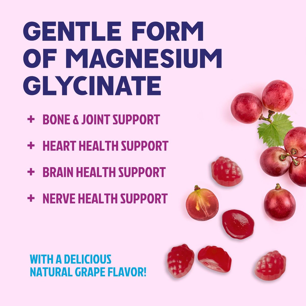 Magnesium Glycinat Gummis – Zuckerfrei – 100% chelatierte Magnesium Gummibärchen für maximale Aufnahme – für Schlafunterstützung & Herz-, Muskel- und Knochengesundheit – Sanft zum Magen, Traubengeschmack – 60 Gummis