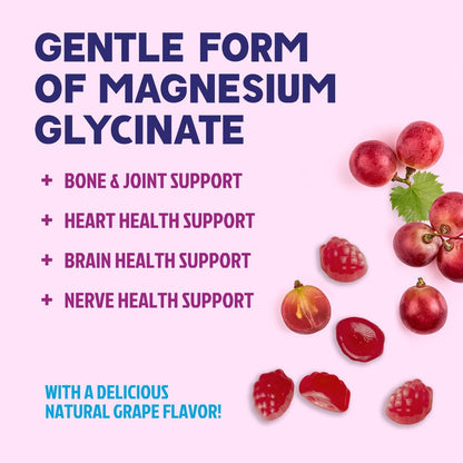 Magnesium Glycinat Gummis – Zuckerfrei – 100% chelatierte Magnesium Gummibärchen für maximale Aufnahme – für Schlafunterstützung & Herz-, Muskel- und Knochengesundheit – Sanft zum Magen, Traubengeschmack – 60 Gummis