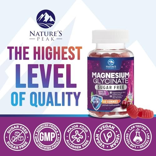 Magnesium Glycinat Gummis – Zuckerfrei – 100% chelatierte Magnesium Gummibärchen für maximale Aufnahme – für Schlafunterstützung & Herz-, Muskel- und Knochengesundheit – Sanft zum Magen, Traubengeschmack – 60 Gummis