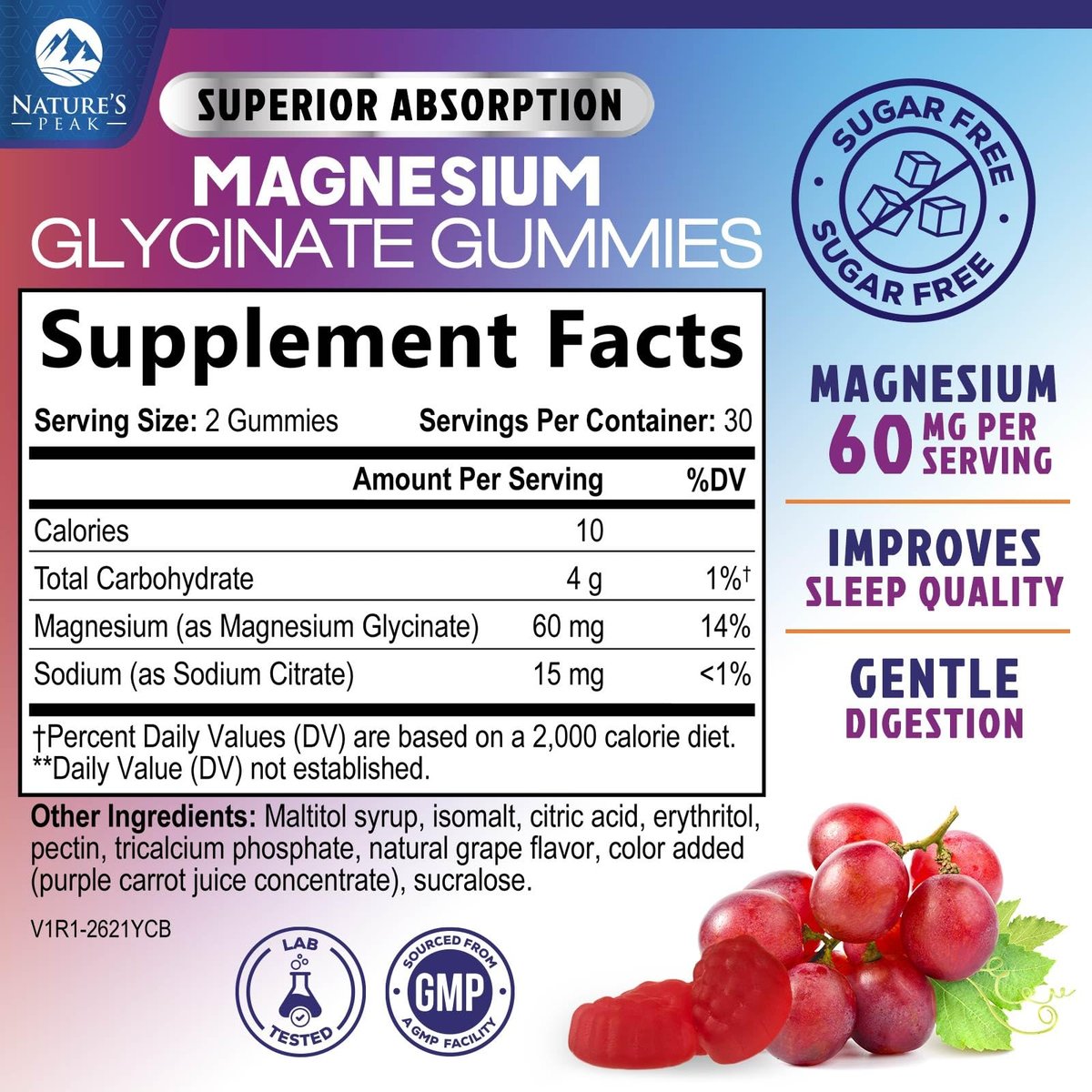 Magnesium Glycinat Gummis – Zuckerfrei – 100% chelatierte Magnesium Gummibärchen für maximale Aufnahme – für Schlafunterstützung & Herz-, Muskel- und Knochengesundheit – Sanft zum Magen, Traubengeschmack – 60 Gummis