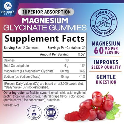 Magnesium Glycinat Gummis – Zuckerfrei – 100% chelatierte Magnesium Gummibärchen für maximale Aufnahme – für Schlafunterstützung & Herz-, Muskel- und Knochengesundheit – Sanft zum Magen, Traubengeschmack – 60 Gummis