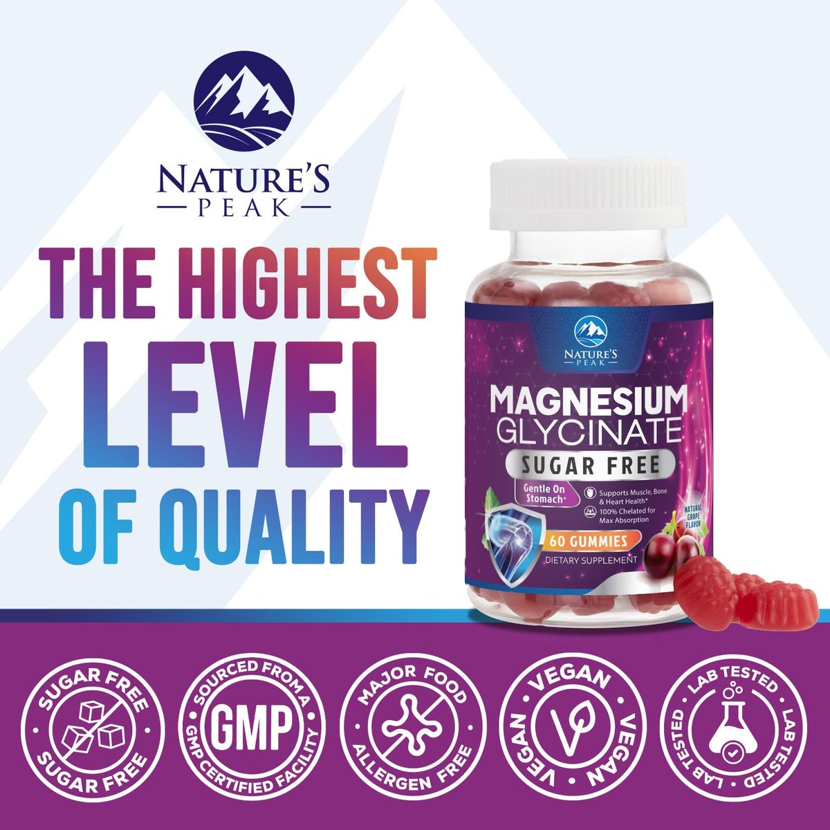 Magnesium Glycinat Gummis – Zuckerfrei – 100% chelatierte Magnesium Gummibärchen für maximale Aufnahme – für Schlafunterstützung & Herz-, Muskel- und Knochengesundheit – Sanft zum Magen, Traubengeschmack – 60 Gummis