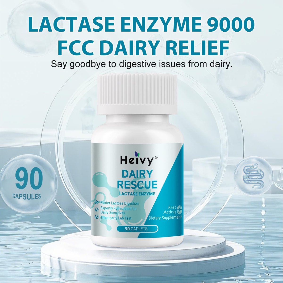 Heivy Reine Laktase-Enzym 9000 FCC – Schnelle Linderung bei Laktoseintoleranz, 90 Kapseln (1 Packung)