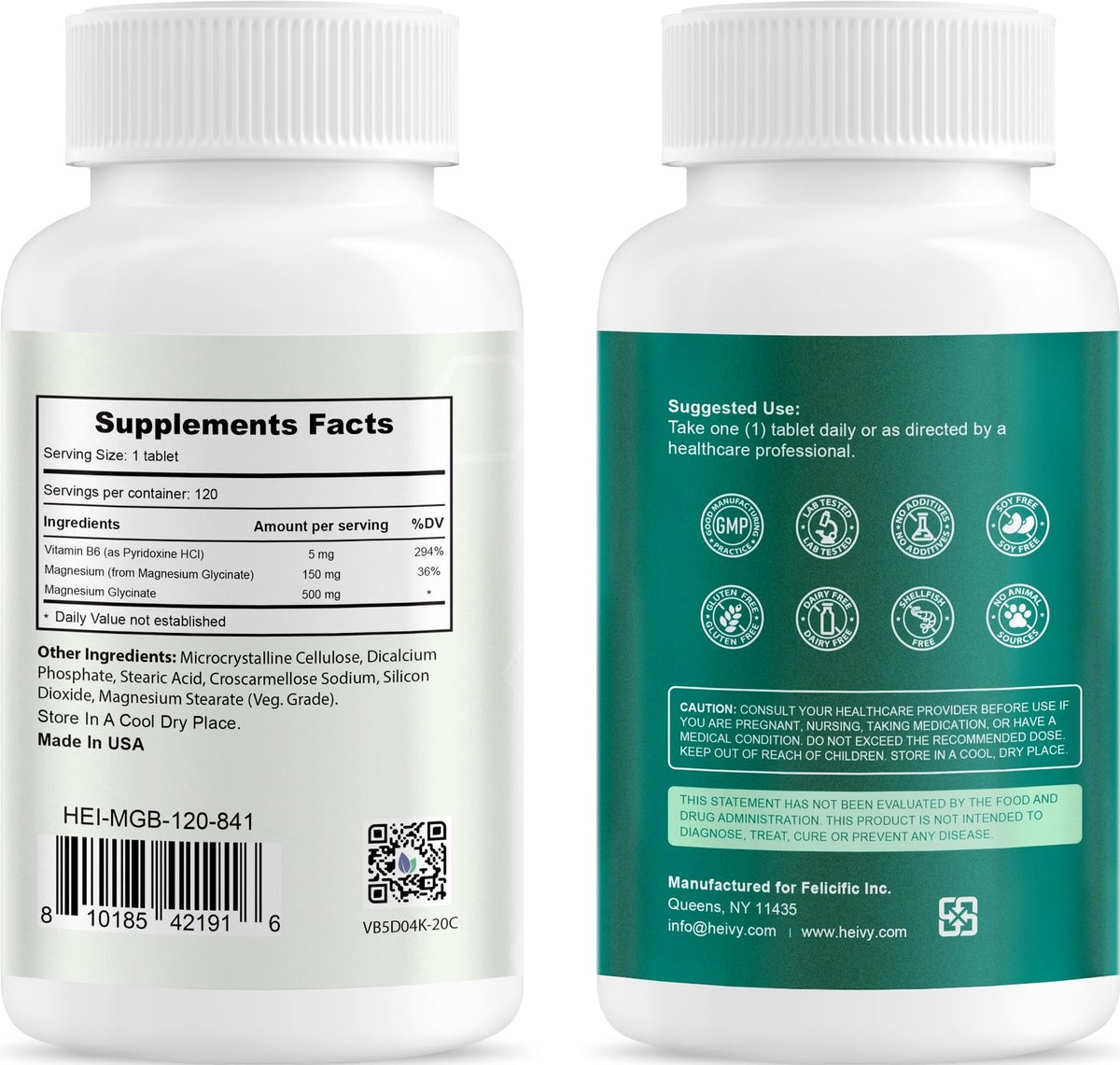 Heivy Reines Magnesiumglycinat 500 mg – 100% cheliert & gereinigt, unterstützt Nerven, Schlaf & Muskeln, vegan & nicht-GVO, hergestellt in den USA, 3. Partei getestet, 120 Tabletten