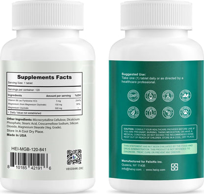 Heivy Reines Magnesiumglycinat 500 mg – 100% cheliert & gereinigt, unterstützt Nerven, Schlaf & Muskeln, vegan & nicht-GVO, hergestellt in den USA, 3. Partei getestet, 120 Tabletten