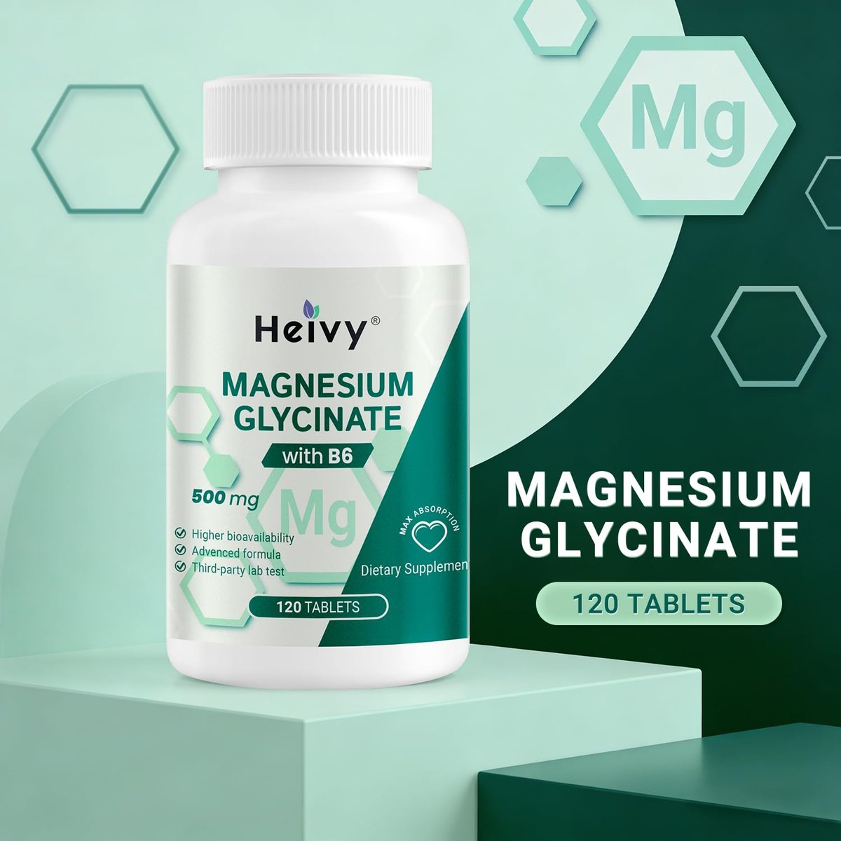 Heivy Reines Magnesiumglycinat 500 mg – 100% cheliert & gereinigt, unterstützt Nerven, Schlaf & Muskeln, vegan & nicht-GVO, hergestellt in den USA, 3. Partei getestet, 120 Tabletten