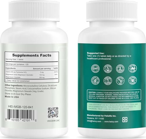 Heivy Reines Magnesiumglycinat 500 mg – 100% cheliert & gereinigt, unterstützt Nerven, Schlaf & Muskeln, vegan & nicht-GVO, hergestellt in den USA, 3. Partei getestet, 120 Tabletten