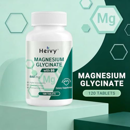Heivy Reines Magnesiumglycinat 500 mg – 100% cheliert & gereinigt, unterstützt Nerven, Schlaf & Muskeln, vegan & nicht-GVO, hergestellt in den USA, 3. Partei getestet, 120 Tabletten