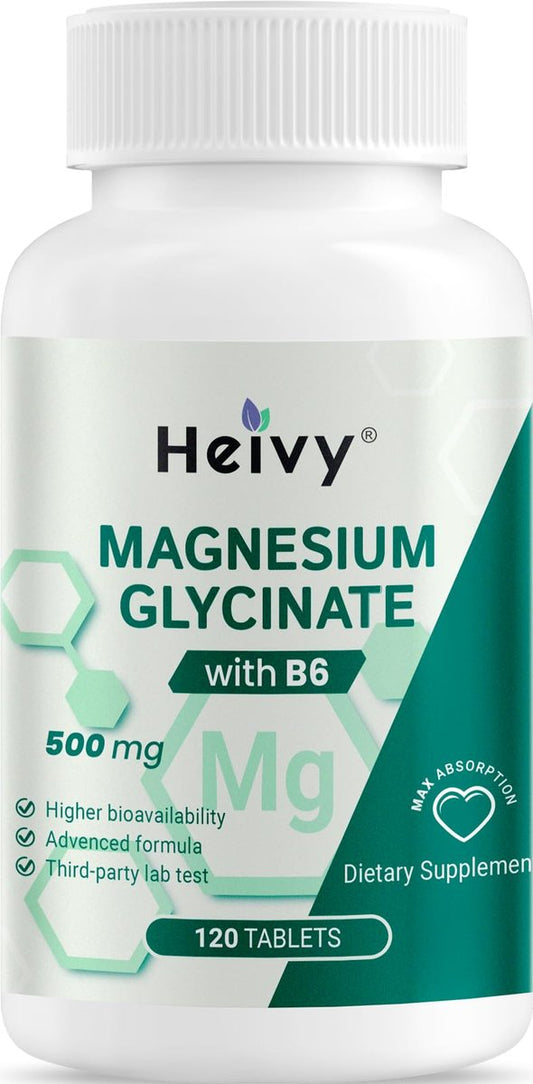 Heivy Reines Magnesiumglycinat 500 mg – 100% cheliert & gereinigt, unterstützt Nerven, Schlaf & Muskeln, vegan & nicht-GVO, hergestellt in den USA, 3. Partei getestet, 120 Tabletten