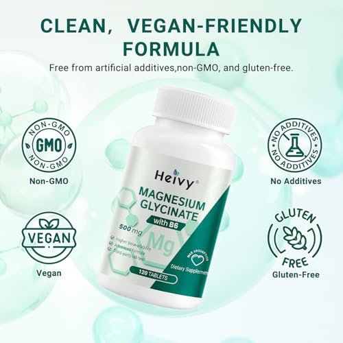 Heivy Reines Magnesiumglycinat 500 mg – 100% cheliert & gereinigt, unterstützt Nerven, Schlaf & Muskeln, vegan & nicht-GVO, hergestellt in den USA, 3. Partei getestet, 120 Tabletten