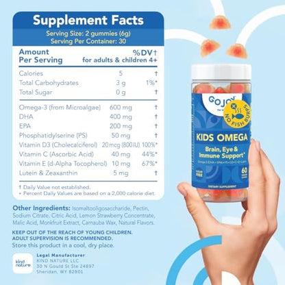 GOJOY Kids Omega 3 DHA Gummis – Kein Fischgeschmack, kein Zucker – Pflanzliches Omega-3 aus Algen – Vegan, sauberes DHA für Kleinkinder, Kinder ab 3 Jahren – 60 Gummis
