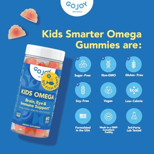 GOJOY Kids Omega 3 DHA Gummis – Kein Fischgeschmack, kein Zucker – Pflanzliches Omega-3 aus Algen – Vegan, sauberes DHA für Kleinkinder, Kinder ab 3 Jahren – 60 Gummis
