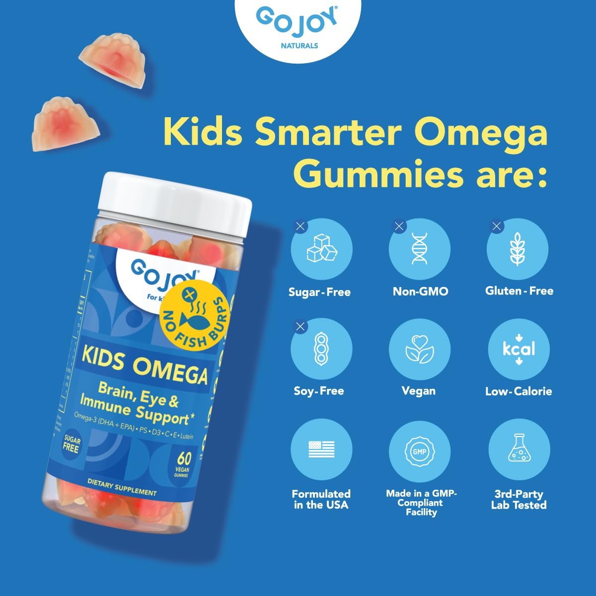 GOJOY Kids Omega 3 DHA Gummis – Kein Fischgeschmack, kein Zucker – Pflanzliches Omega-3 aus Algen – Vegan, sauberes DHA für Kleinkinder, Kinder ab 3 Jahren – 60 Gummis