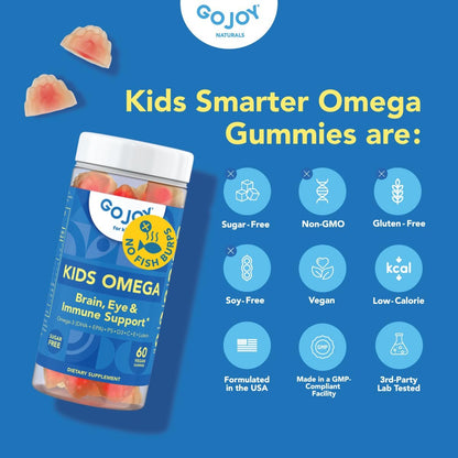 GOJOY Kids Omega 3 DHA Gummis – Kein Fischgeschmack, kein Zucker – Pflanzliches Omega-3 aus Algen – Vegan, sauberes DHA für Kleinkinder, Kinder ab 3 Jahren – 60 Gummis