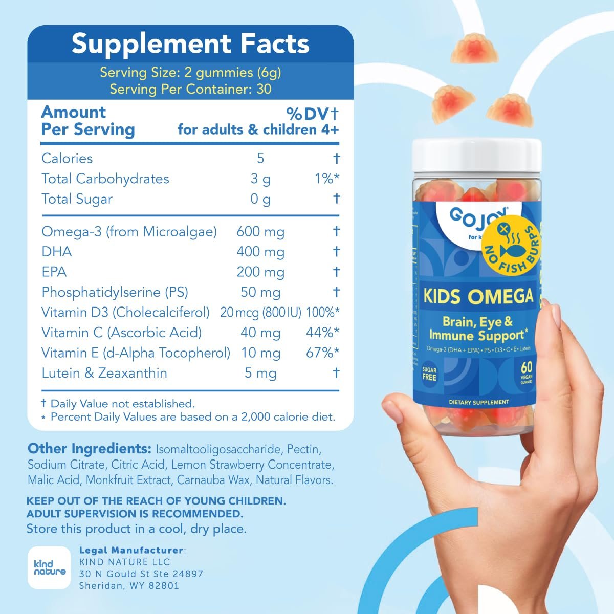 GOJOY Kids Omega 3 DHA Gummis – Kein Fischgeschmack, kein Zucker – Pflanzliches Omega-3 aus Algen – Vegan, sauberes DHA für Kleinkinder, Kinder ab 3 Jahren – 60 Gummis