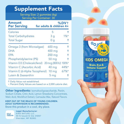 GOJOY Kids Omega 3 DHA Gummis – Kein Fischgeschmack, kein Zucker – Pflanzliches Omega-3 aus Algen – Vegan, sauberes DHA für Kleinkinder, Kinder ab 3 Jahren – 60 Gummis