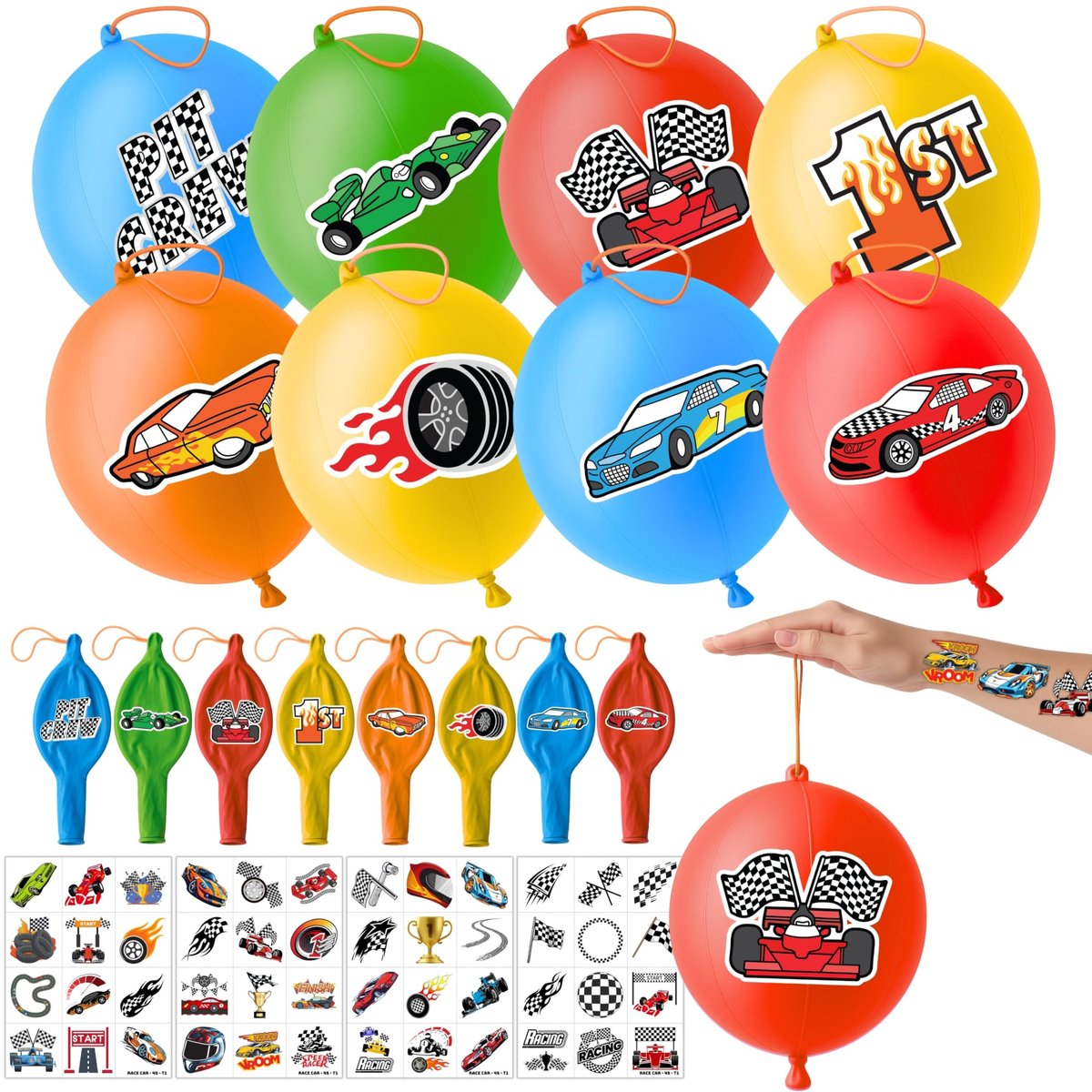 72-teiliges Rennwagen-Party-Set für Kinder – Auto-Partyzubehör mit 48 temporären Tattoos & 24 Punch-Ballons, Geburtstagsgeschenke, Goodie-Bag-Füller, Klassenzimmer-Belohnungen & Dekorationen