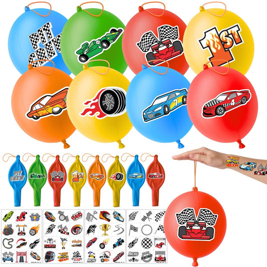72-teiliges Rennwagen-Party-Set für Kinder – Auto-Partyzubehör mit 48 temporären Tattoos & 24 Punch-Ballons, Geburtstagsgeschenke, Goodie-Bag-Füller, Klassenzimmer-Belohnungen & Dekorationen