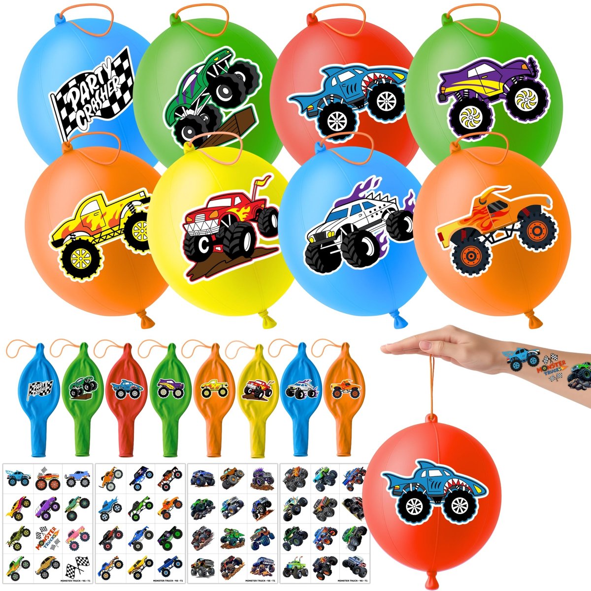 ThuanXuanLoc 72-teiliges Monster Truck Party-Geschenkeset - 48 temporäre Tattoos & 24 Punch-Ballons - Geburtstagsgeschenke und Goodie Bag Füller