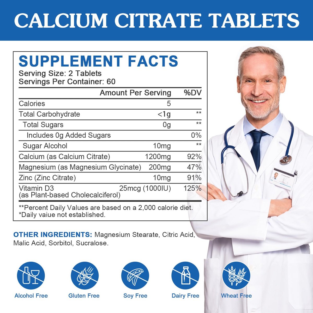 Calcium Citrat 1200mg mit Vitamin D3 für Frauen und Männer - Calcium Magnesium Zink D3 Supplement für Knochen, Zähne, Immunsystem - Vegan-freundlich - 120 Tabletten