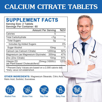 Calcium Citrat 1200mg mit Vitamin D3 für Frauen und Männer - Calcium Magnesium Zink D3 Supplement für Knochen, Zähne, Immunsystem - Vegan-freundlich - 120 Tabletten