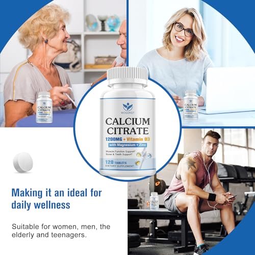 Calcium Citrat 1200mg mit Vitamin D3 für Frauen und Männer - Calcium Magnesium Zink D3 Supplement für Knochen, Zähne, Immunsystem - Vegan-freundlich - 120 Tabletten