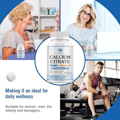 Calcium Citrat 1200mg mit Vitamin D3 für Frauen und Männer - Calcium Magnesium Zink D3 Supplement für Knochen, Zähne, Immunsystem - Vegan-freundlich - 120 Tabletten