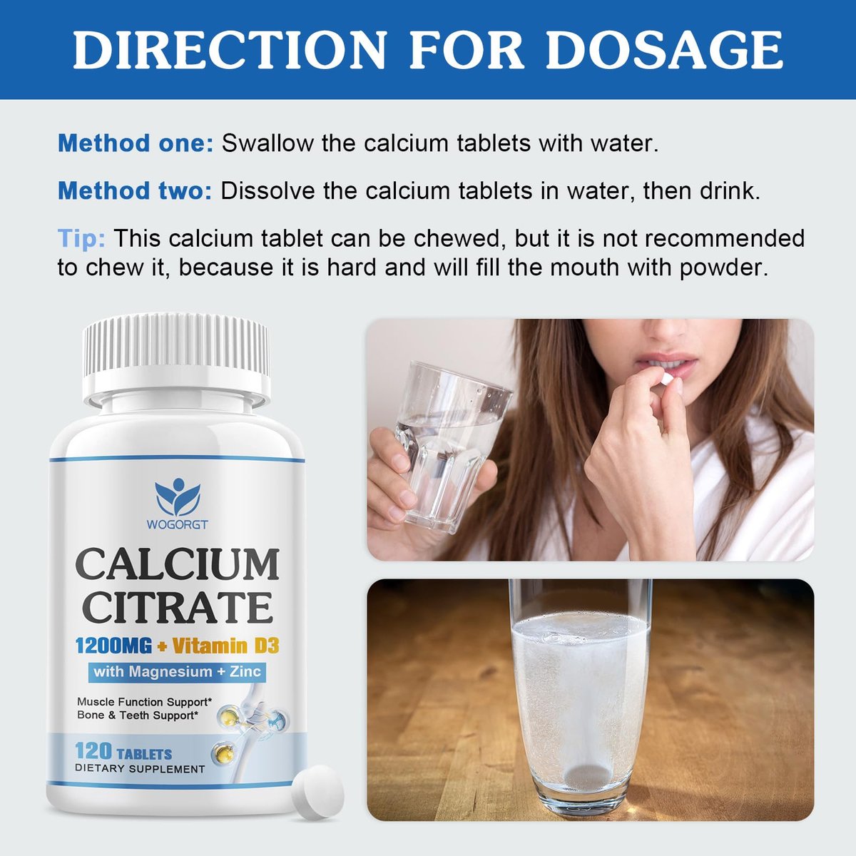 Calcium Citrat 1200mg mit Vitamin D3 für Frauen und Männer - Calcium Magnesium Zink D3 Supplement für Knochen, Zähne, Immunsystem - Vegan-freundlich - 120 Tabletten
