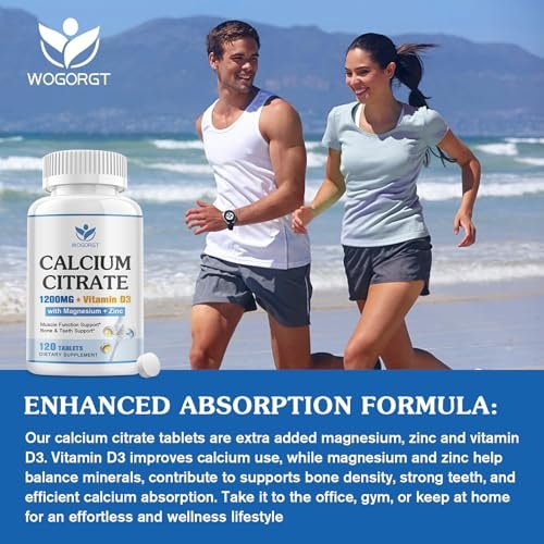 Calcium Citrat 1200mg mit Vitamin D3 für Frauen und Männer - Calcium Magnesium Zink D3 Supplement für Knochen, Zähne, Immunsystem - Vegan-freundlich - 120 Tabletten