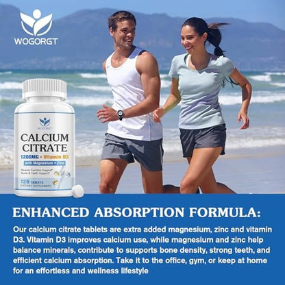 Calcium Citrat 1200mg mit Vitamin D3 für Frauen und Männer - Calcium Magnesium Zink D3 Supplement für Knochen, Zähne, Immunsystem - Vegan-freundlich - 120 Tabletten