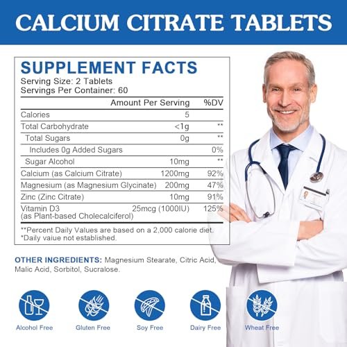 Calcium Citrat 1200mg mit Vitamin D3 für Frauen und Männer - Calcium Magnesium Zink D3 Supplement für Knochen, Zähne, Immunsystem - Vegan-freundlich - 120 Tabletten
