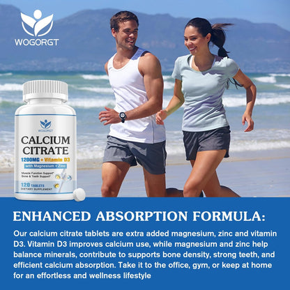 Calcium Citrat 1200mg mit Vitamin D3 für Frauen und Männer - Calcium Magnesium Zink D3 Supplement für Knochen, Zähne, Immunsystem - Vegan-freundlich - 120 Tabletten