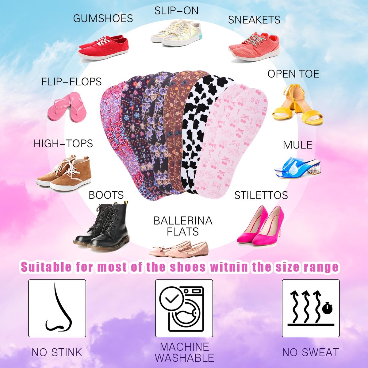 Velmitten 6 Paar No-Show-Socken, unsichtbare Socken, Sockless-Einlegesohlen, rutschfeste Einlagen für Damen und Herren (Vibrant Style)