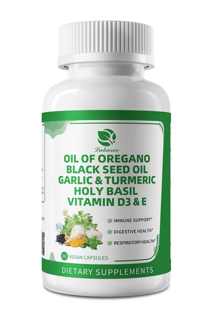 Organische Oregano-Öl-Kapseln mit Schwarzkümmelöl, Knoblauch, Kurkuma, Heiligem Basilikum, Vitamin D3, E & Schwarzem Pfeffer für bessere Aufnahme – Immun-, Verdauungs- & Atemwegsunterstützung – Vegan, Nicht-GVO, 2-Monats-Vorrat