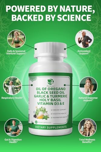 Organische Oregano-Öl-Kapseln mit Schwarzkümmelöl, Knoblauch, Kurkuma, Heiligem Basilikum, Vitamin D3, E & Schwarzem Pfeffer für bessere Aufnahme – Immun-, Verdauungs- & Atemwegsunterstützung – Vegan, Nicht-GVO, 2-Monats-Vorrat