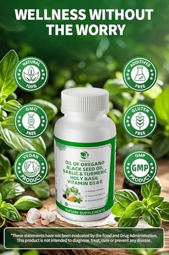 Organische Oregano-Öl-Kapseln mit Schwarzkümmelöl, Knoblauch, Kurkuma, Heiligem Basilikum, Vitamin D3, E & Schwarzem Pfeffer für bessere Aufnahme – Immun-, Verdauungs- & Atemwegsunterstützung – Vegan, Nicht-GVO, 2-Monats-Vorrat